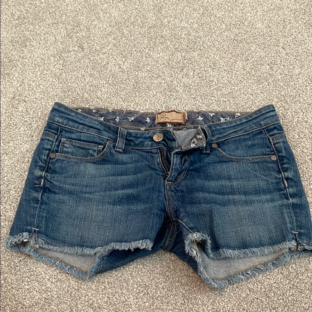 PAIGE Blue Jean Shorts with Distressed Hem